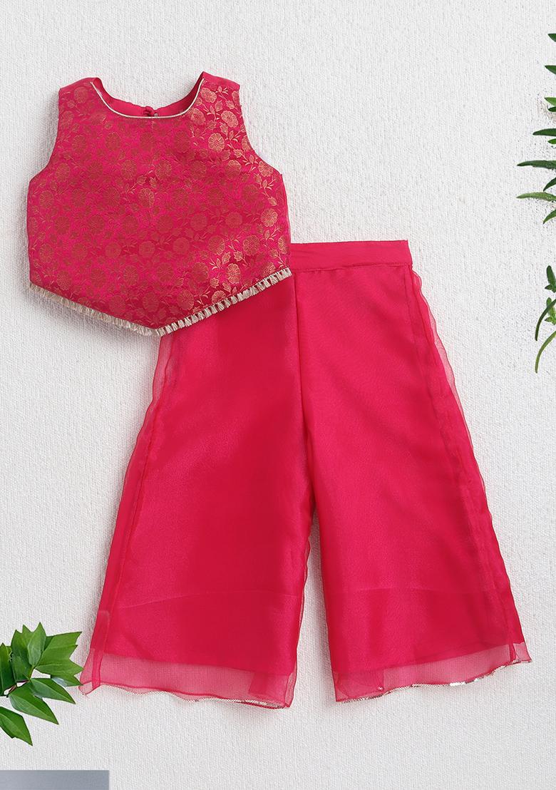 Fuchsia Printed Jacquard Co Ord Set For Girls - Indya
