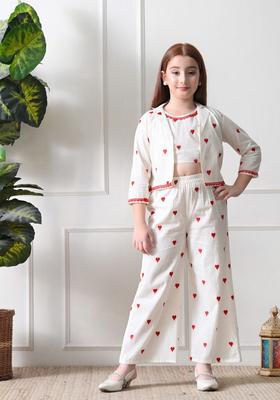 Off White Floral Print Cotton Sharara Set For Girl