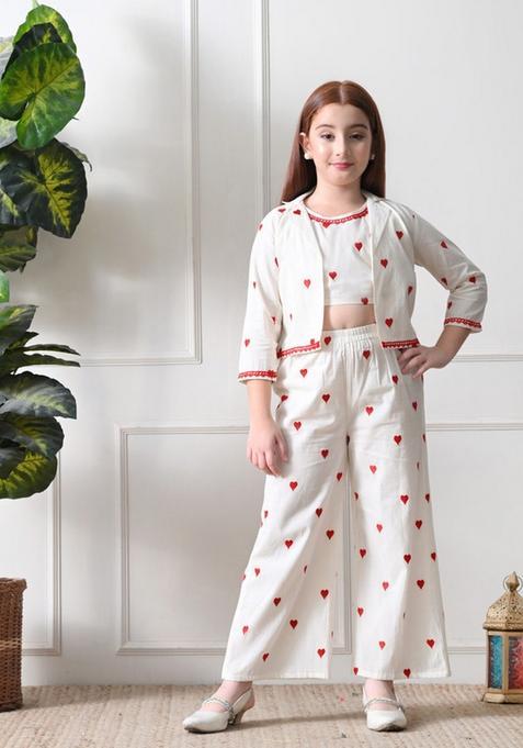 Off White Floral Print Cotton Sharara Set For Girl