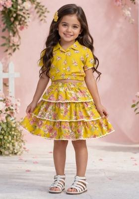 Mustard Floral Print Cambric Skirt Set For Girls
