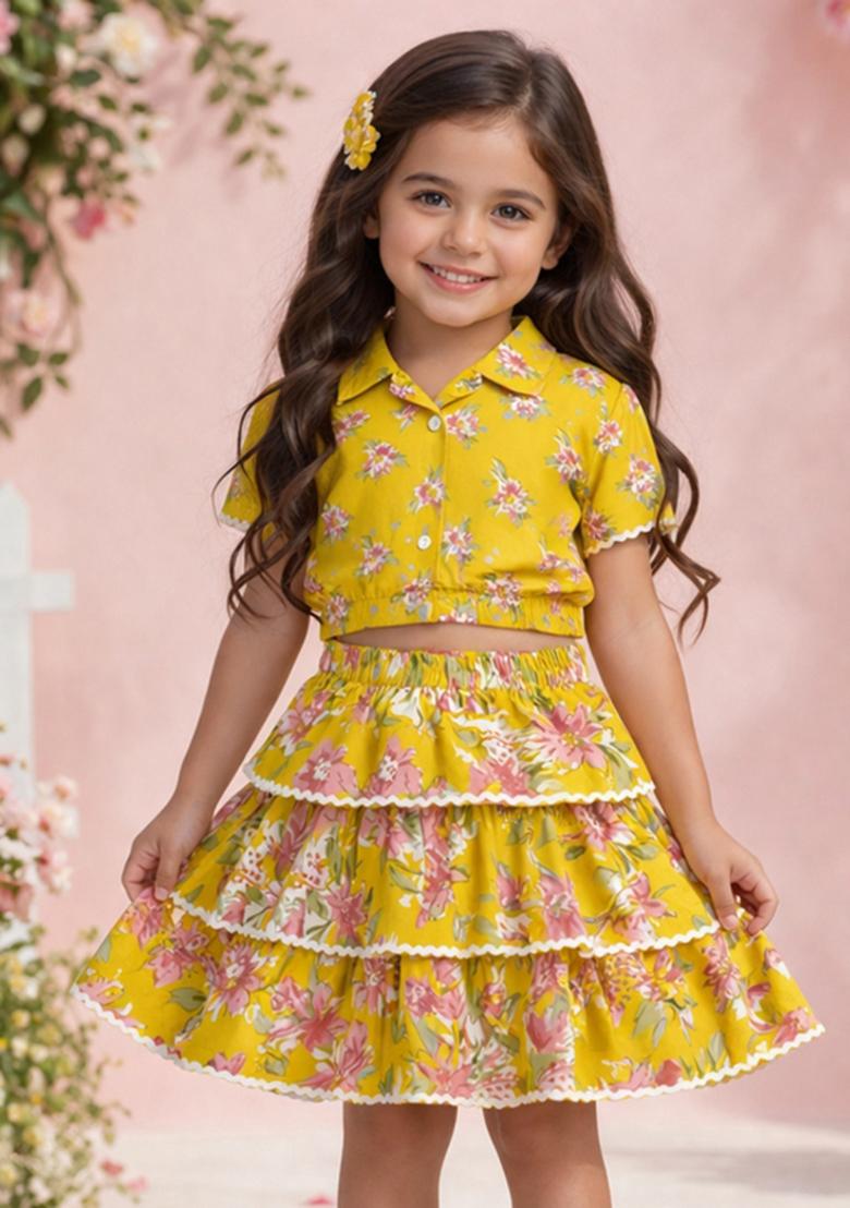 Mustard Floral Print Cambric Skirt Set For Girls - Indya