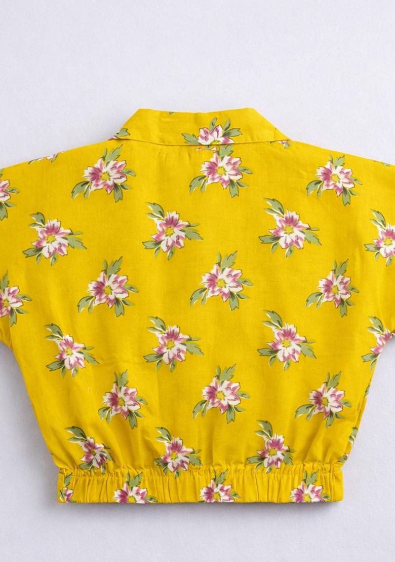 Mustard Floral Print Cambric Skirt Set For Girls - Indya