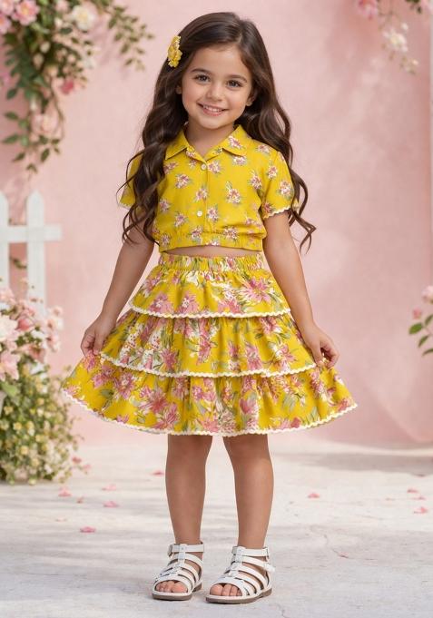 Mustard Floral Print Cambric Skirt Set For Girls
