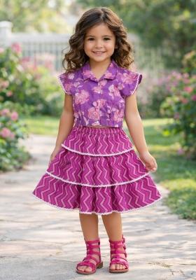 Purple Floral Print Cambric Skirt Set For Girls