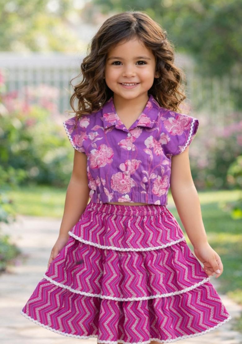 Purple Floral Print Cambric Skirt Set For Girls - Indya