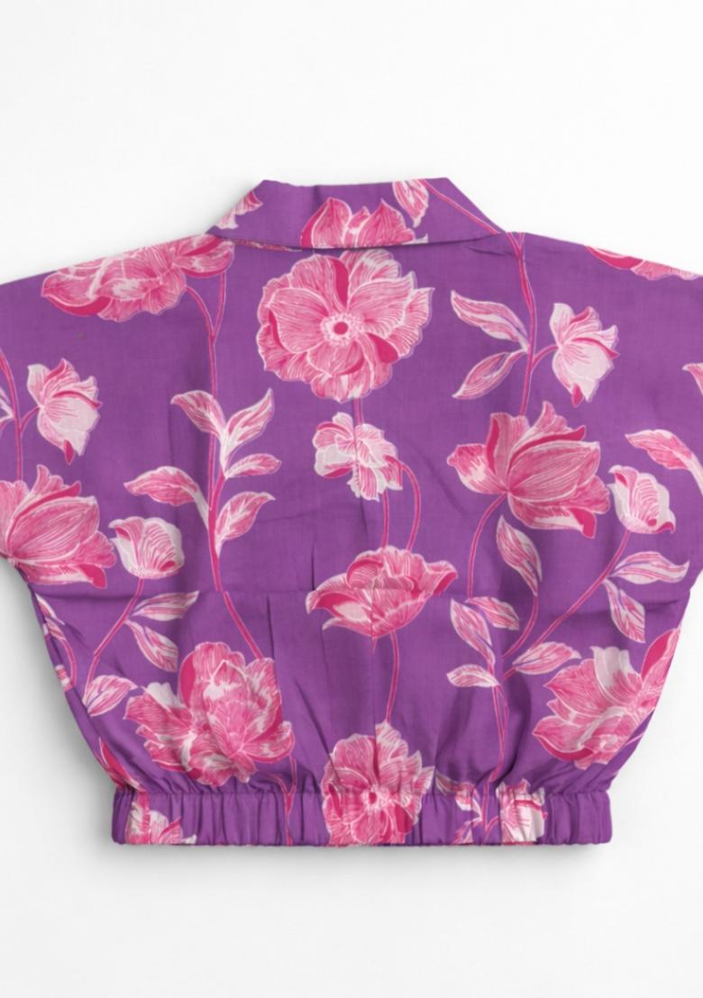 Purple Floral Print Cambric Skirt Set For Girls - Indya