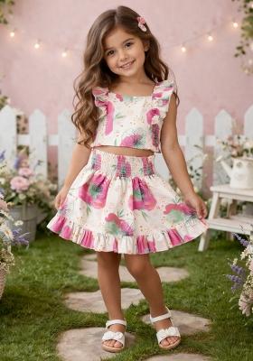 Pink Floral Print Cotton Skirt Set For Girls
