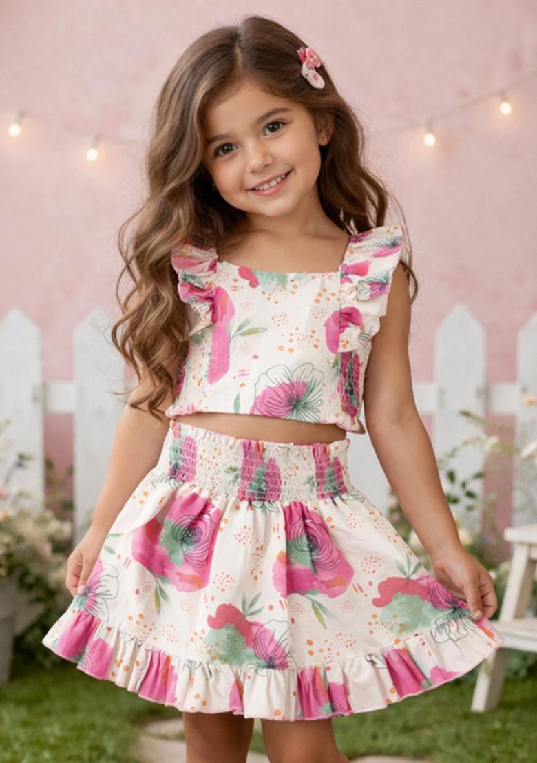 Pink Floral Print Cotton Skirt Set For Girls - Indya