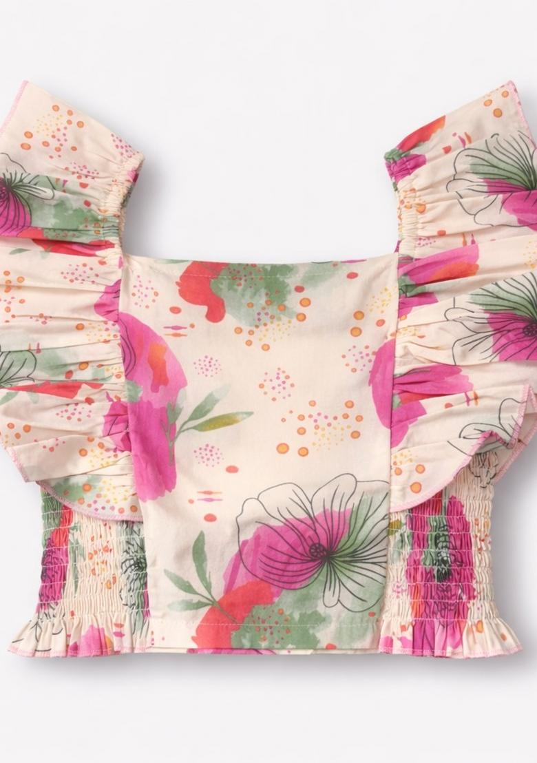 Pink Floral Print Cotton Skirt Set For Girls - Indya