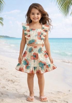 Coral Floral Print Cotton Skirt Set For Girls