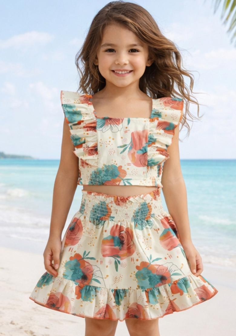 Coral Floral Print Cotton Skirt Set For Girls - Indya