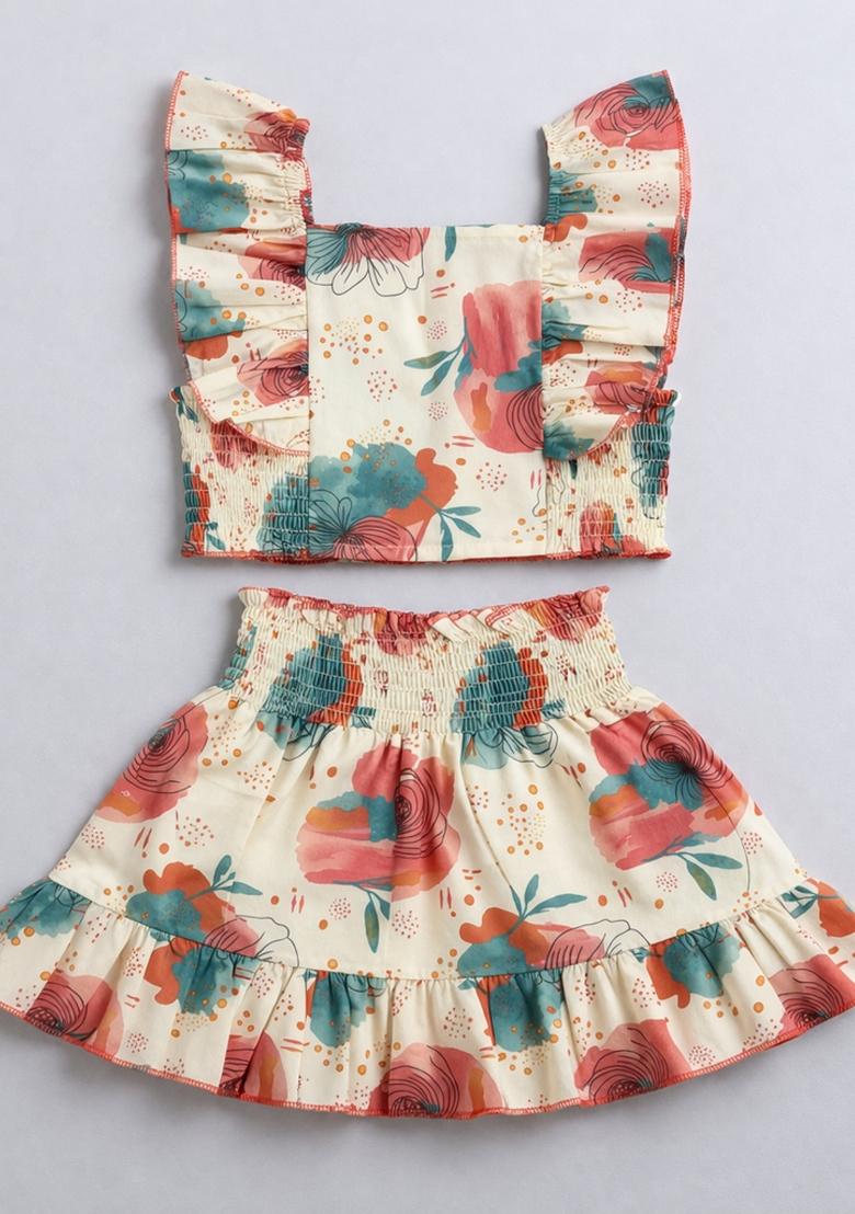 Coral Floral Print Cotton Skirt Set For Girls - Indya