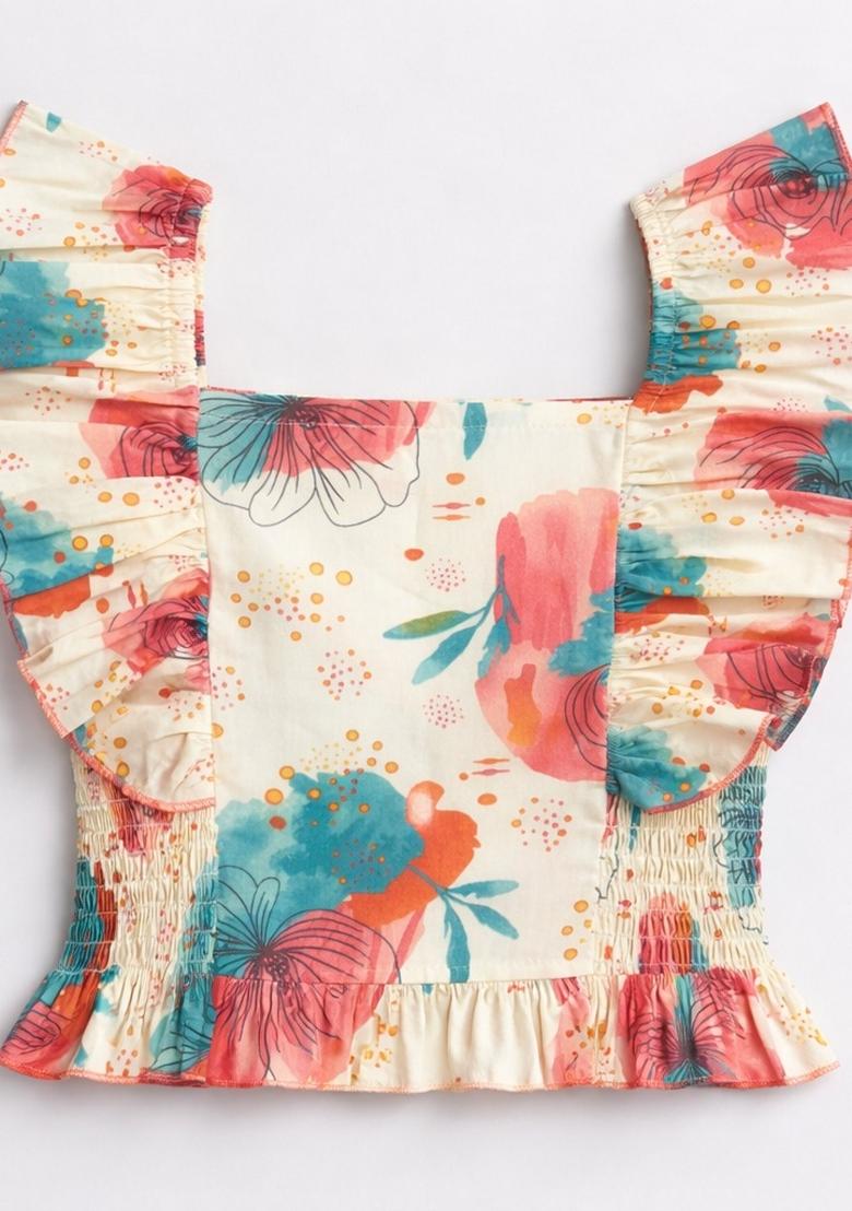 Coral Floral Print Cotton Skirt Set For Girls - Indya