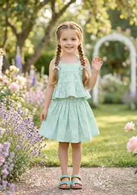 Mint Green Floral Print Poplin Skirt Set For Girls