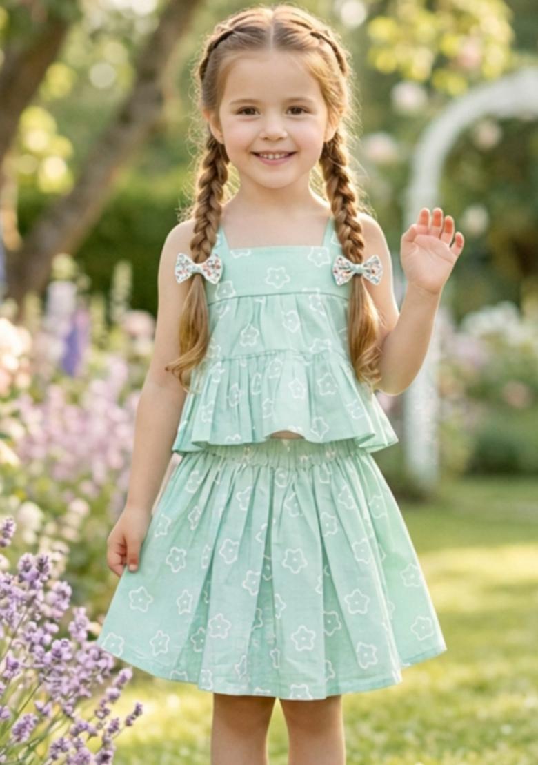 Mint Green Floral Print Poplin Skirt Set For Girls - Indya