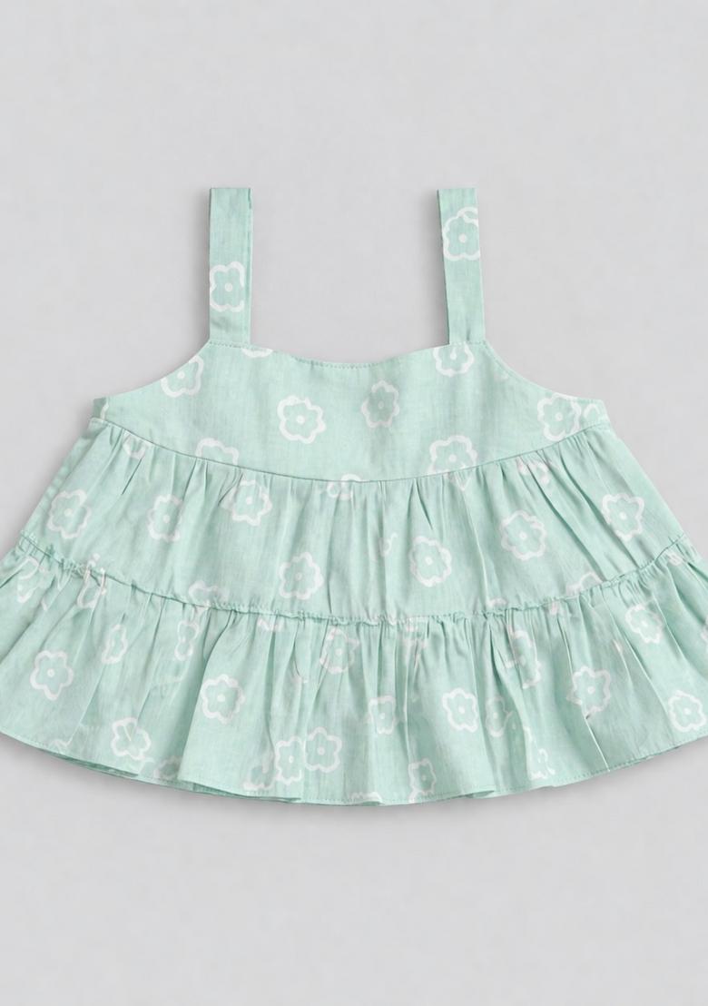 Mint Green Floral Print Poplin Skirt Set For Girls - Indya