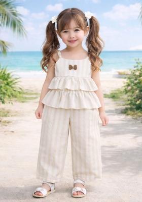 Beige Striped Polyester Co Ord Set For Girls