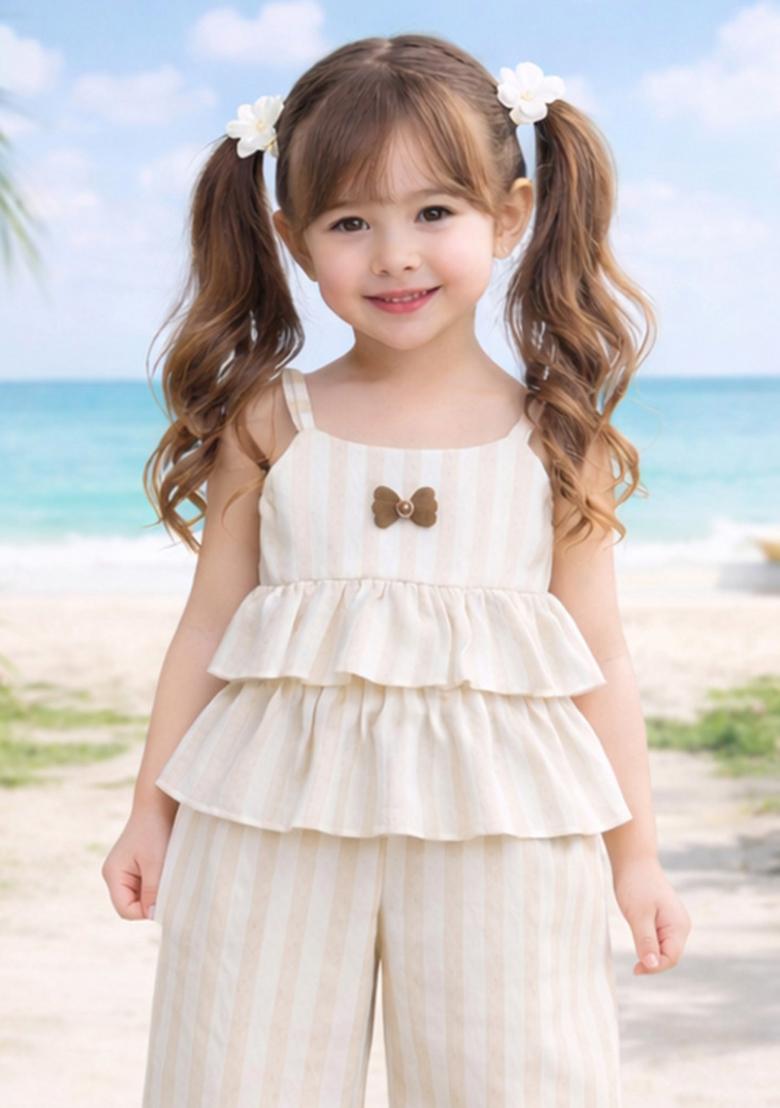 Beige Striped Polyester Co Ord Set For Girls - Indya