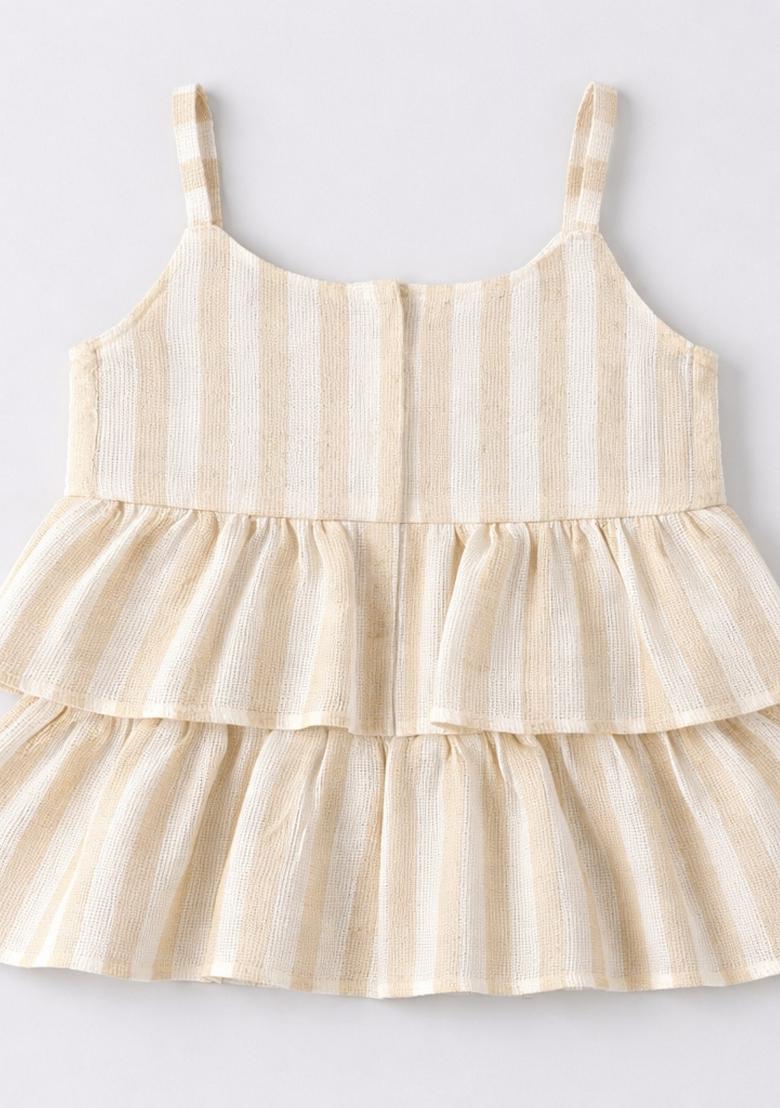 Beige Striped Polyester Co Ord Set For Girls - Indya