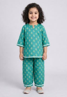 Green Printed Cotton Co Ord Set For Girls
