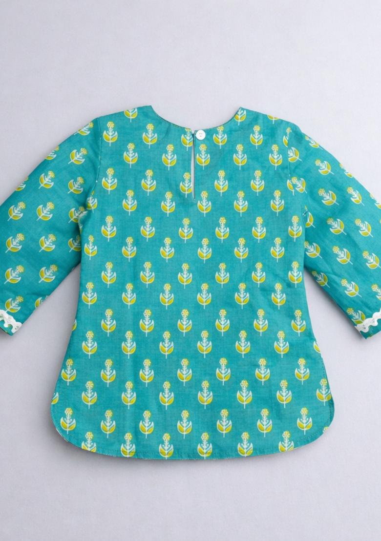 Green Printed Cotton Co Ord Set For Girls - Indya