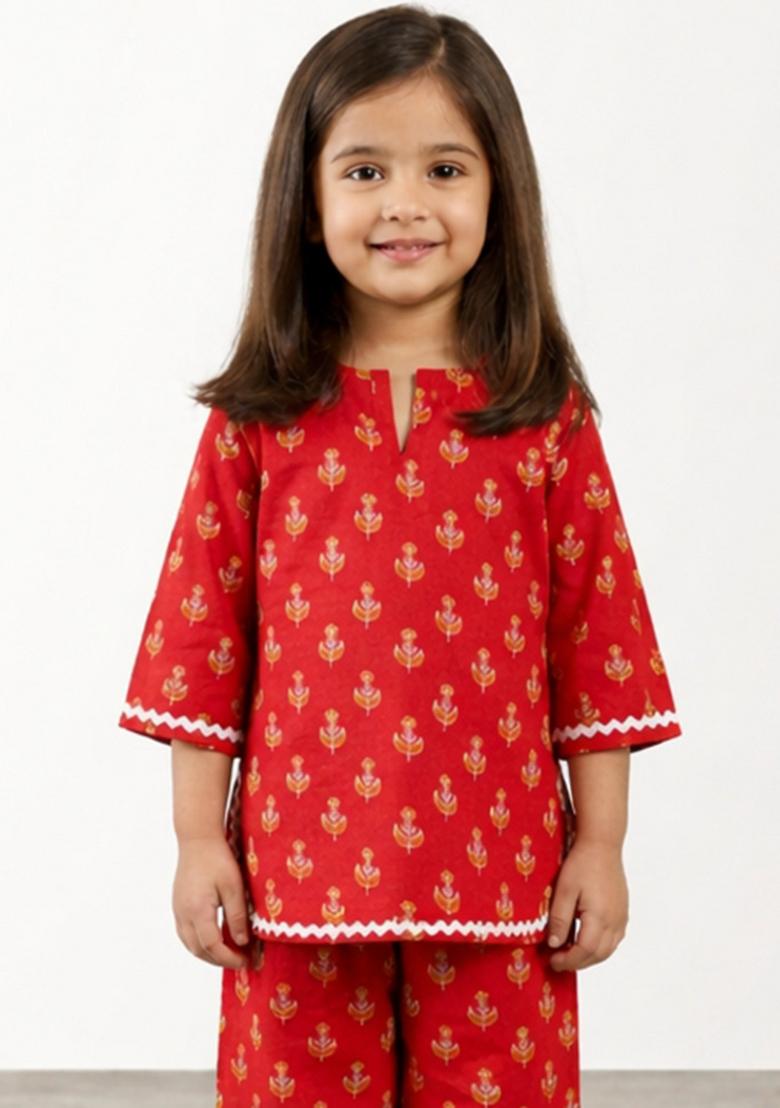 Coral Printed Cotton Co Ord Set For Girls - Indya