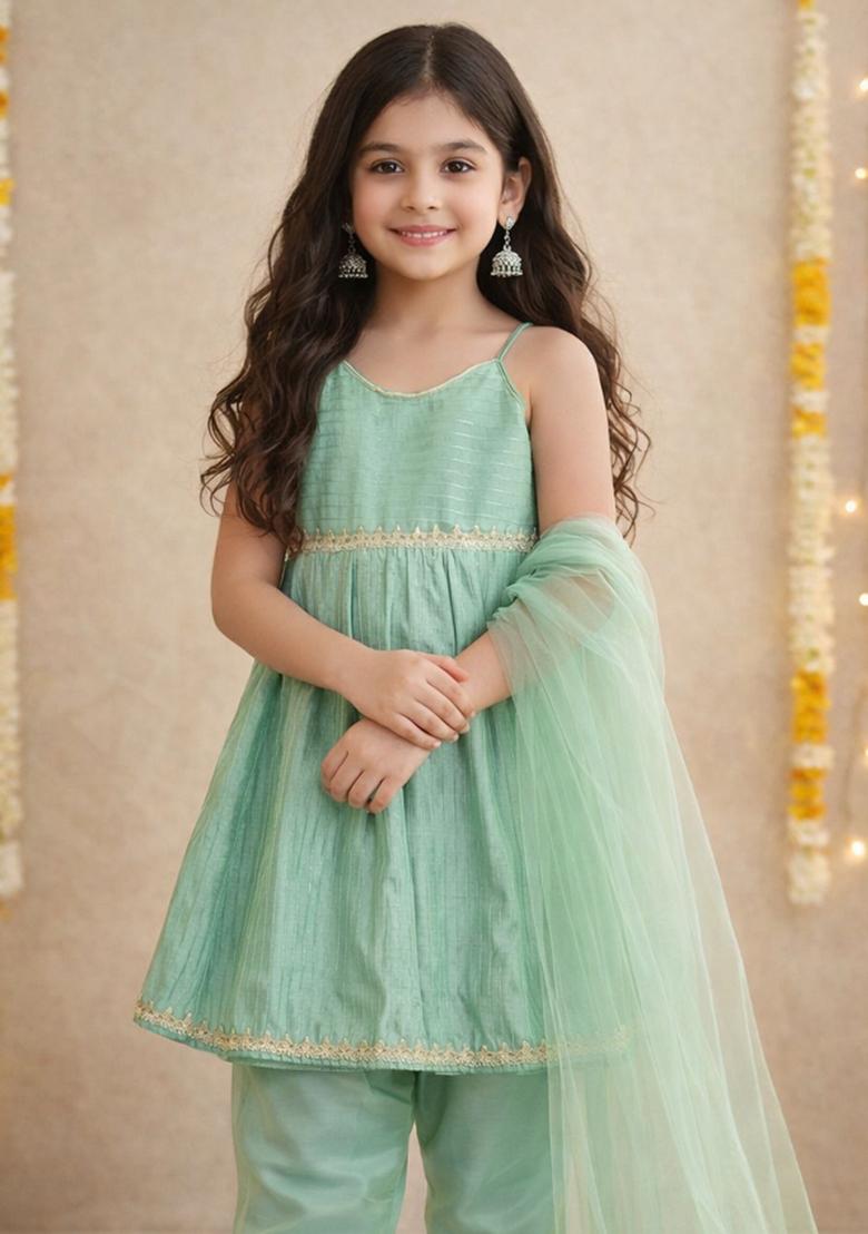 Green Lace Work Polyester Girls Ethnic Set For Girls - Indya