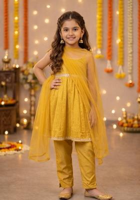 Yellow Lace Work Polyester Girls Ethnic Set For Girls