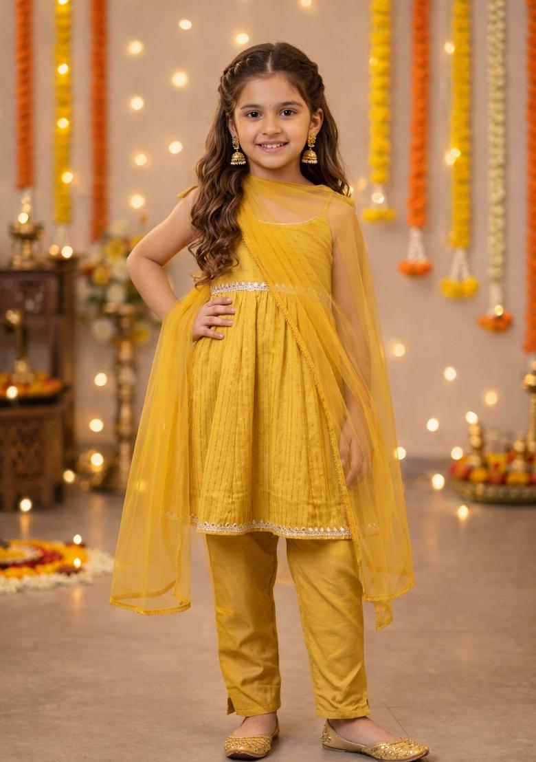 Yellow Lace Work Polyester Girls Ethnic Set For Girls - Indya