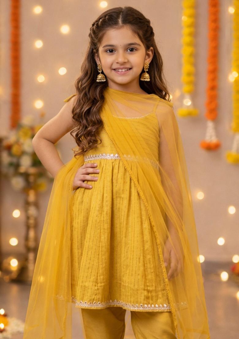 Yellow Lace Work Polyester Girls Ethnic Set For Girls - Indya