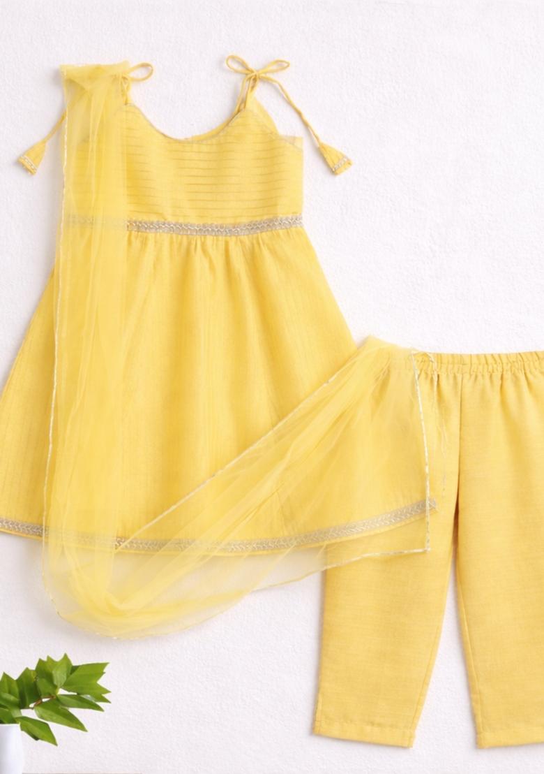 Yellow Lace Work Polyester Girls Ethnic Set For Girls - Indya