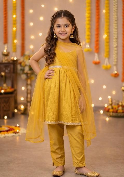 Yellow Lace Work Polyester Girls Ethnic Set For Girls — view on Indya