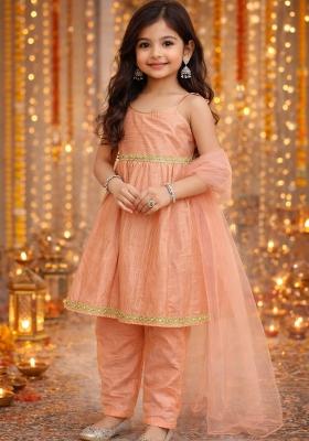 Peach Lace Work Polyester Girls Ethnic Set For Girls