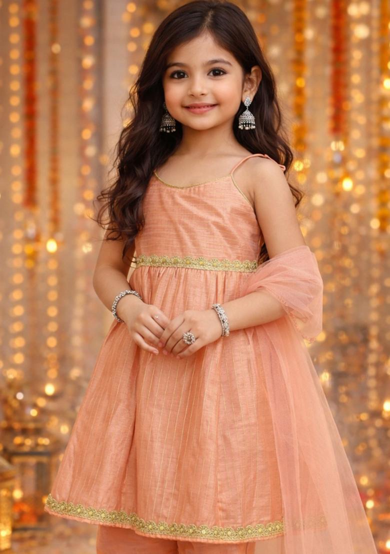 Peach Lace Work Polyester Girls Ethnic Set For Girls - Indya