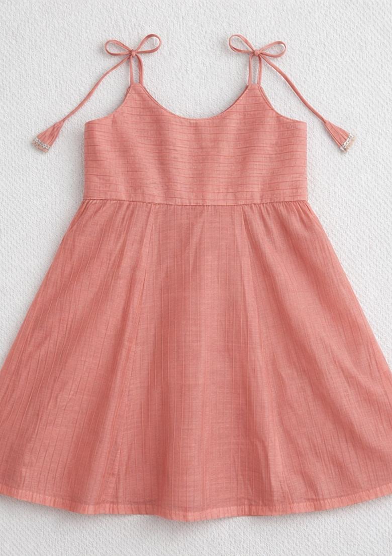 Peach Lace Work Polyester Girls Ethnic Set For Girls - Indya