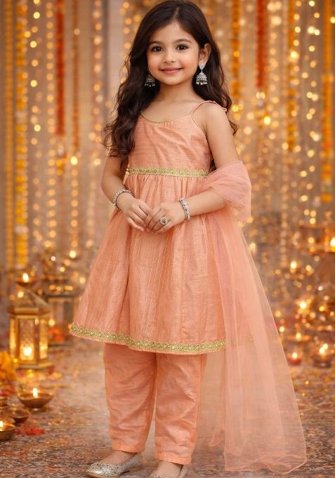 Peach Lace Work Polyester Girls Ethnic Set For Girls — view on Indya