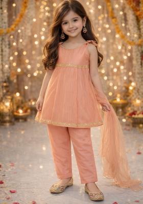 Dark Peach Lace Work Polyester Girls Ethnic Set For Girls