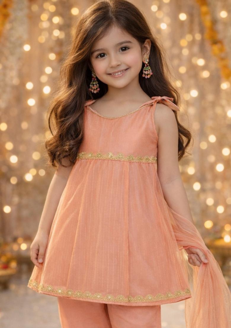 Dark Peach Lace Work Polyester Girls Ethnic Set For Girls - Indya