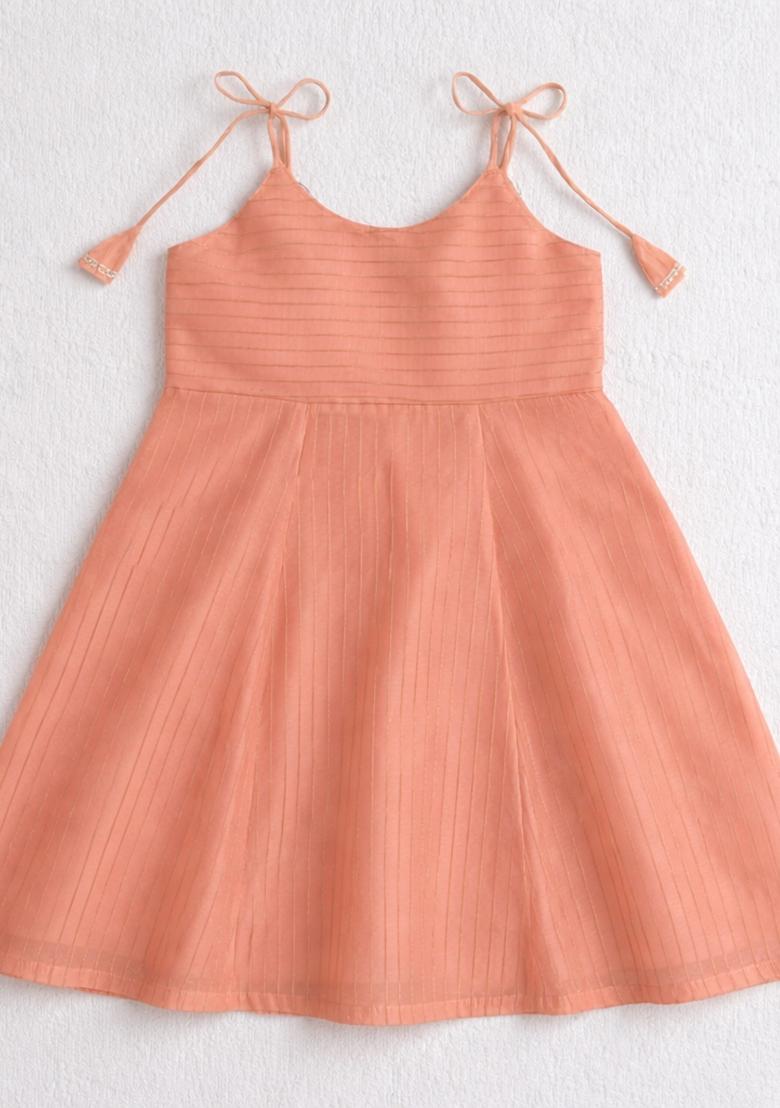 Dark Peach Lace Work Polyester Girls Ethnic Set For Girls - Indya