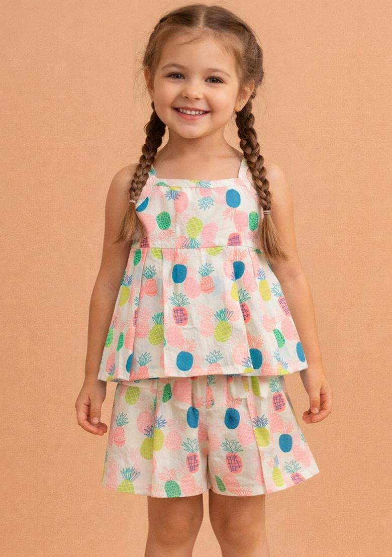 Pink Printed Cotton Co Ord Set For Girls - Indya