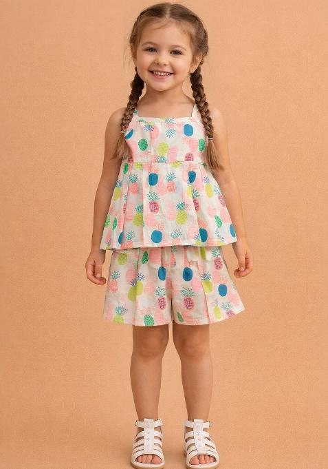 Pink Printed Cotton Co Ord Set For Girls