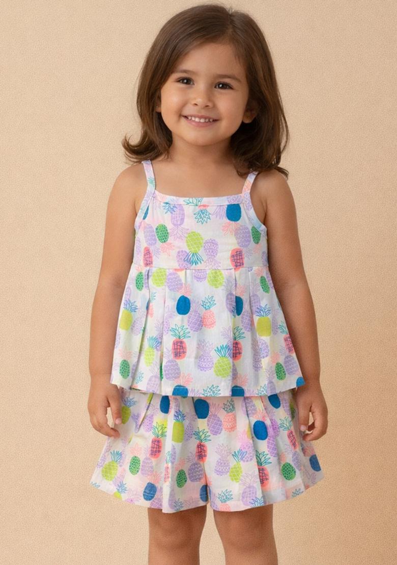 Purple Printed Cotton Co Ord Set For Girls - Indya
