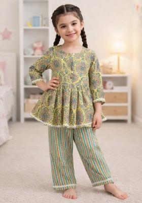 Multicolor Lace Work Cotton Co Ord Set For Girls