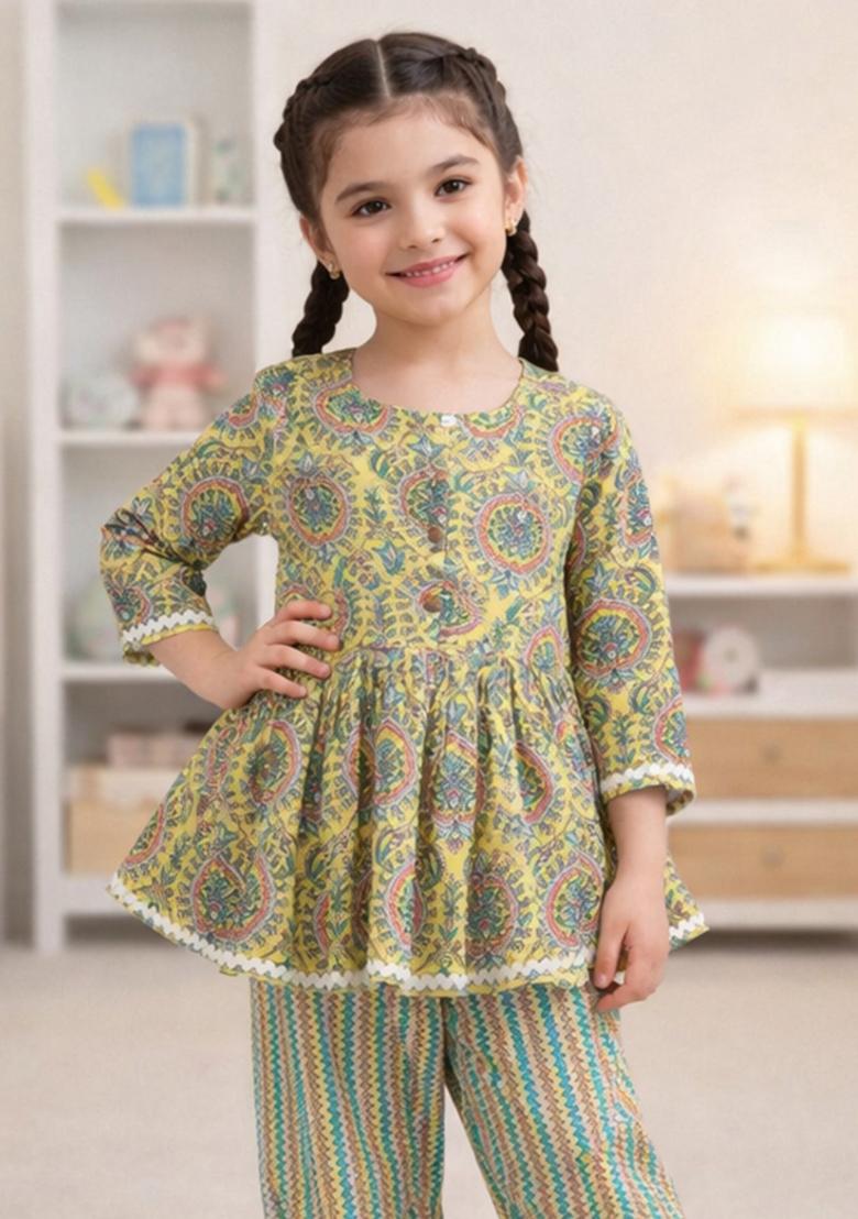 Multicolor Lace Work Cotton Co Ord Set For Girls - Indya