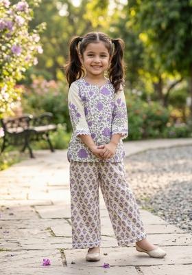 Cream Floral Print Cotton Co Ord Set For Girls