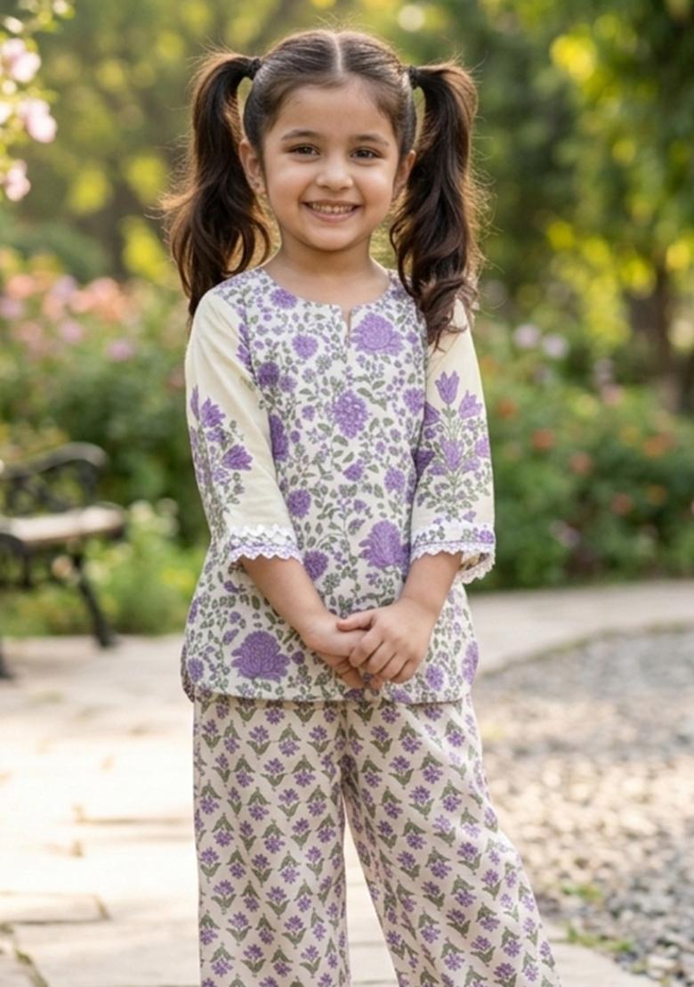 Cream Floral Print Cotton Co Ord Set For Girls - Indya