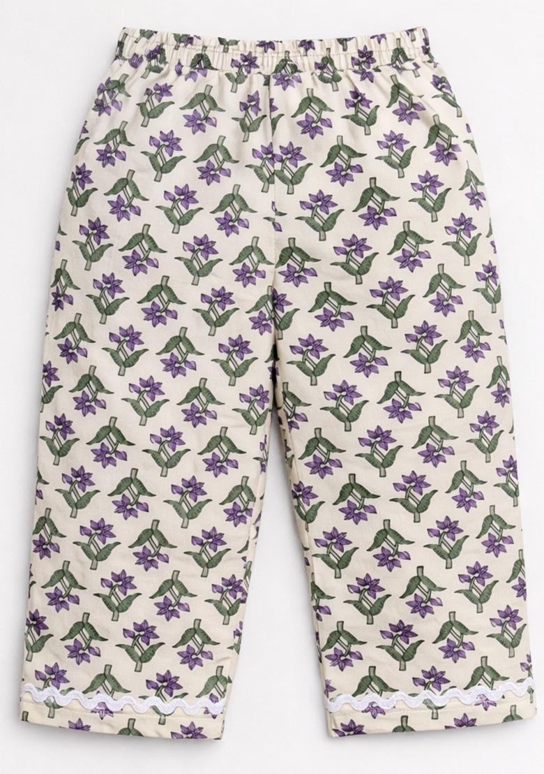 Cream Floral Print Cotton Co Ord Set For Girls - Indya