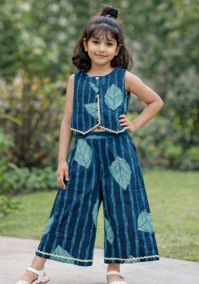 Teal Blue Printed Cotton Co Ord Set For Girls