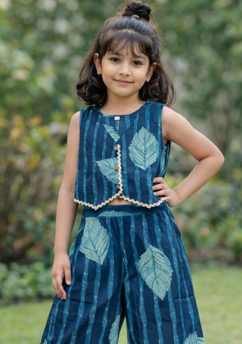 Teal Blue Printed Cotton Co Ord Set For Girls - Indya