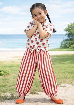 Orange Floral Print Cotton Co Ord Set For Girls